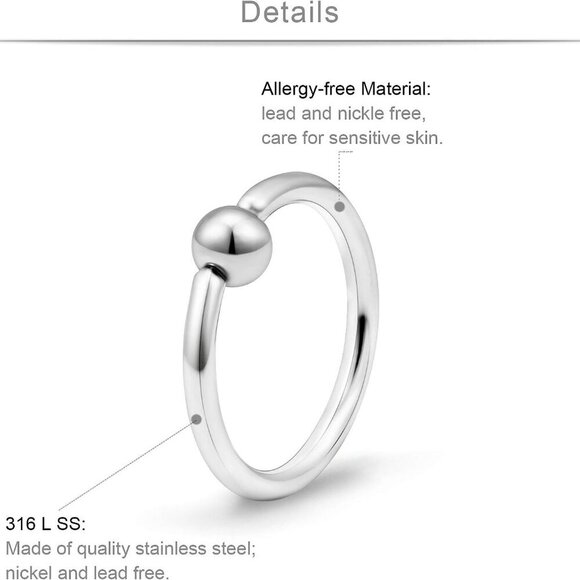 12PCS Silver Stainless Steel 16G Captive Bead Nose & Body Piercing Rings - Picture 2 of 3